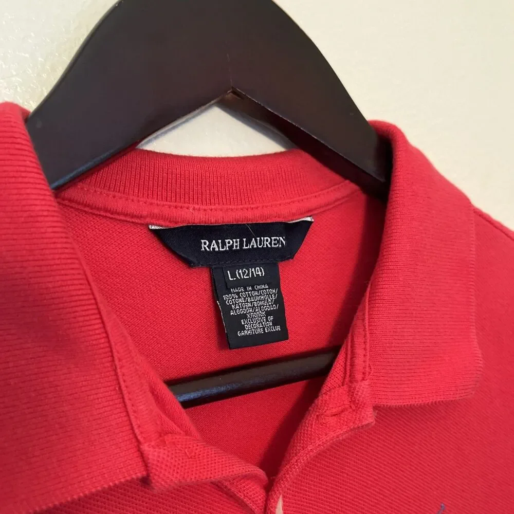 RALPH LAUREN Cotton Mesh Ruffle Hem Polo Pony Dress, Red- Size L (12/14)